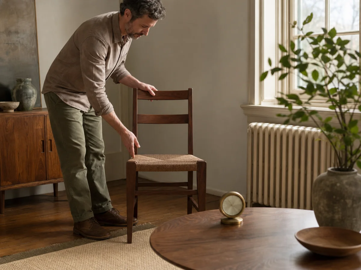 Timber chair being moved away from a radiator and direct window light