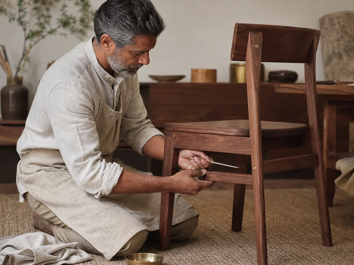 Artisan checking a walnut chair joint and tightening its hardware