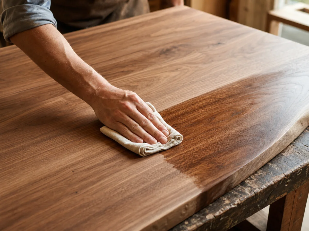 Natural oil being applied by hand to a walnut tabletop