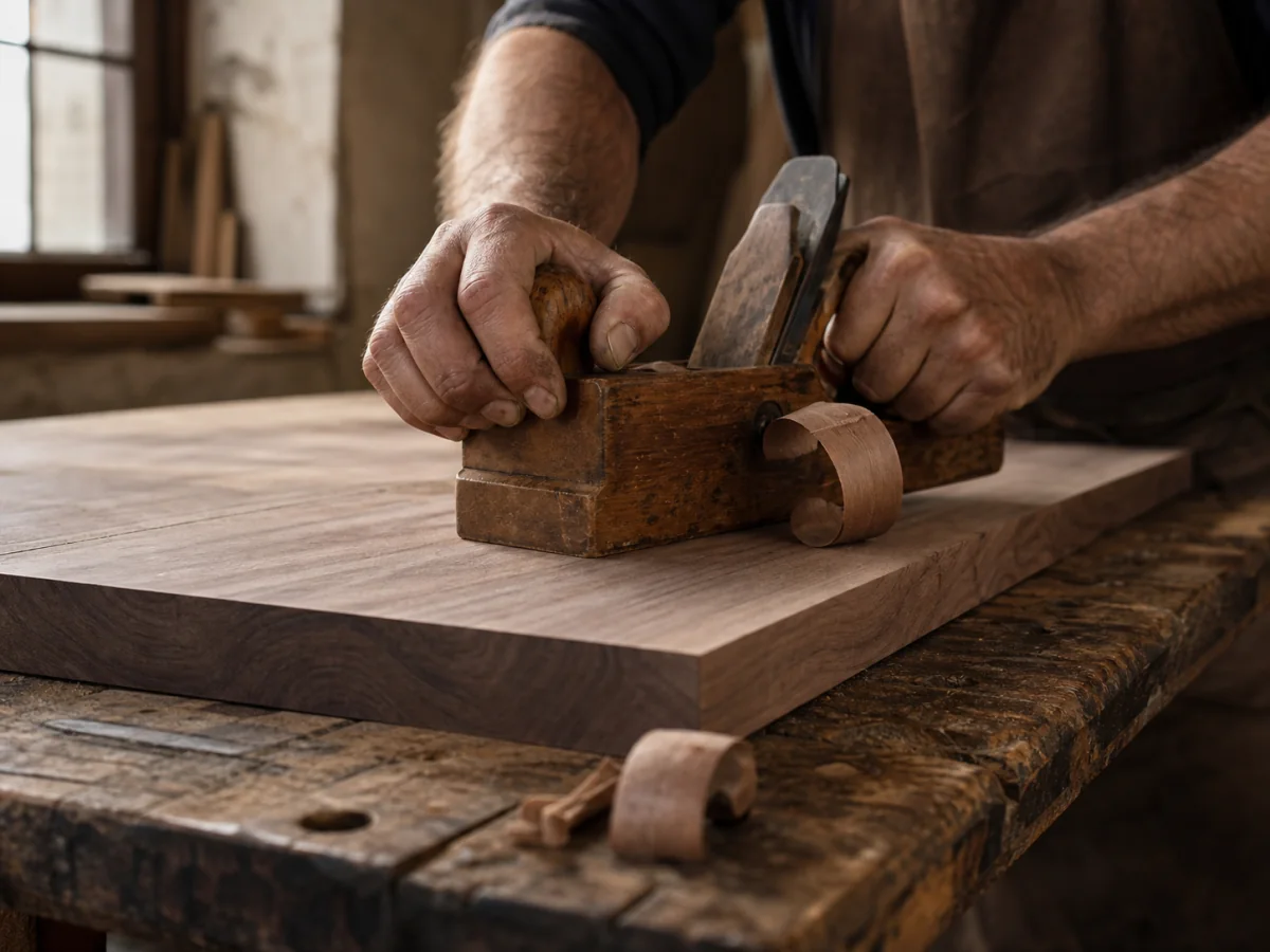 Artisan shaping solid timber with a traditional hand plane