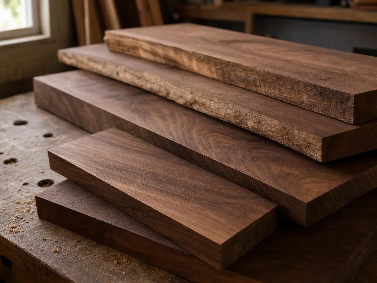 Seasoned solid walnut boards showing rich grain and natural movement