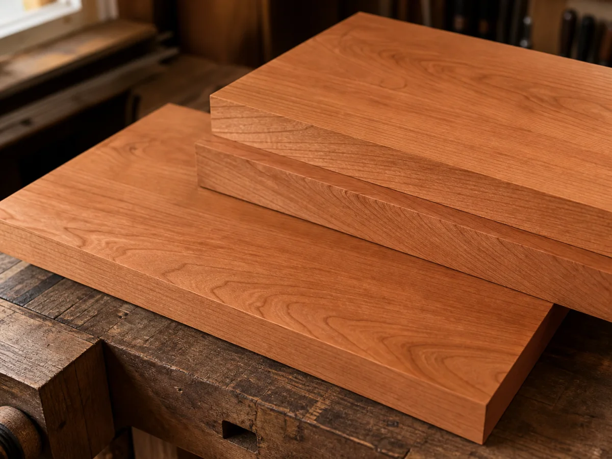 Solid cherry boards with warm reddish amber colour and fine grain