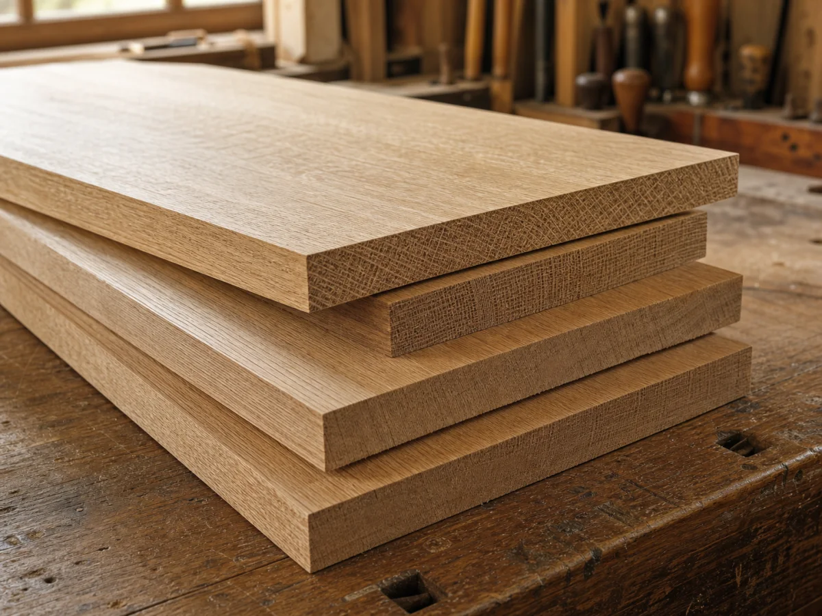 Quarter-sawn solid oak boards showing open grain and ray flecks