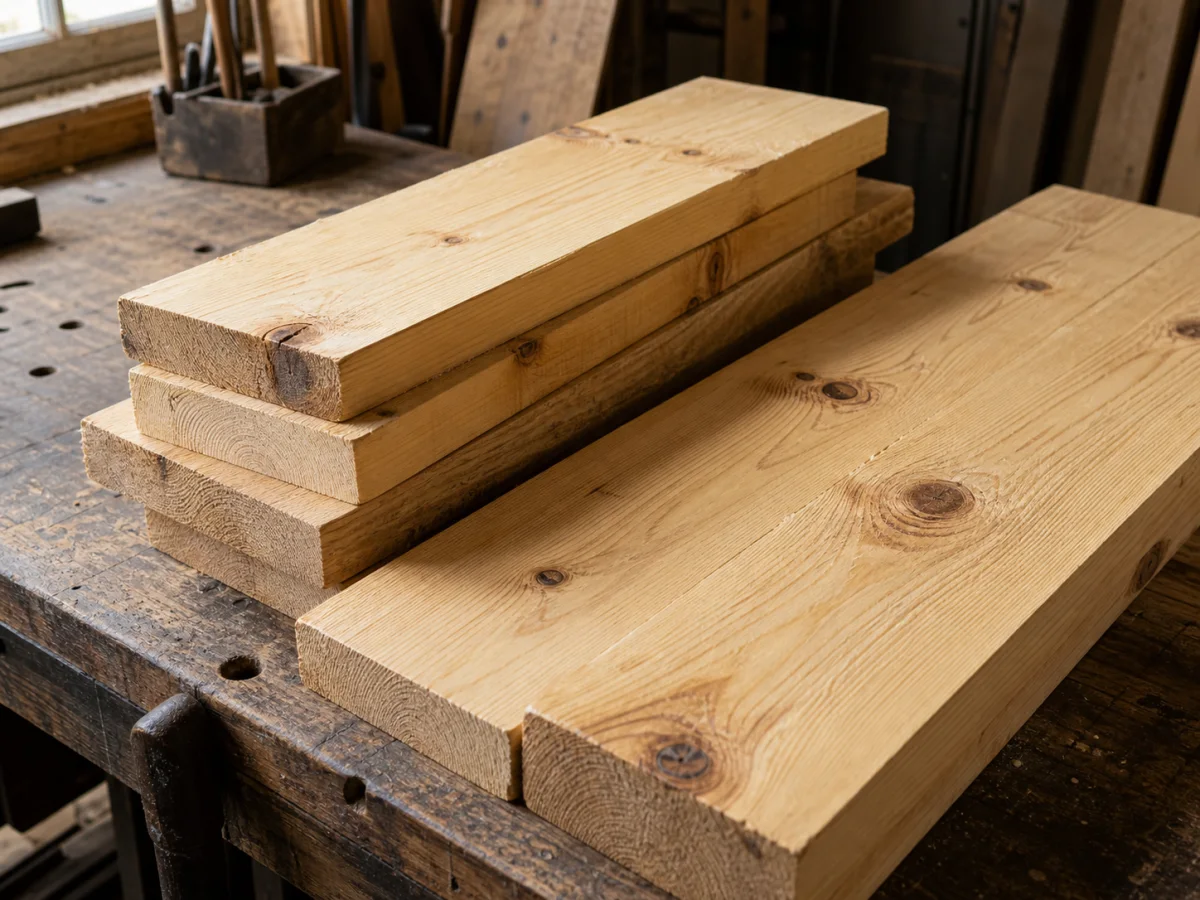 Seasoned solid pine boards with pale golden grain and natural knots