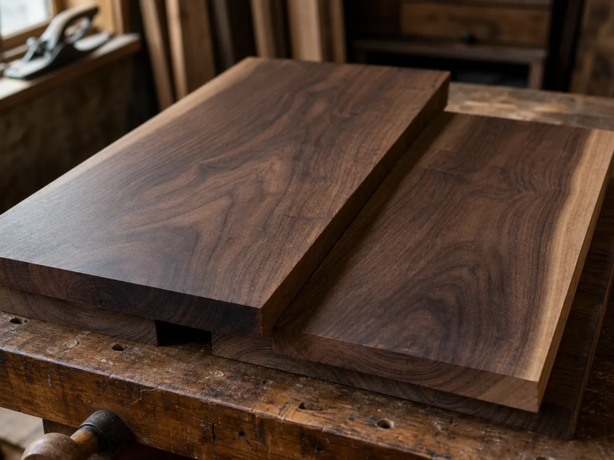 Solid walnut boards with rich chocolate tones and flowing dark grain