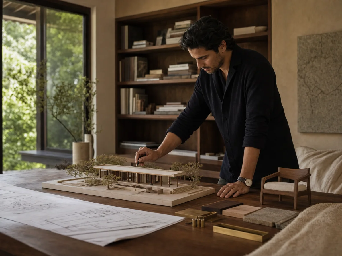 Architect planning a bespoke furniture project with models and material samples