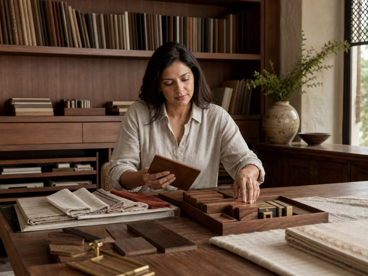 Designer selecting coordinated materials from the Old Mil trade library
