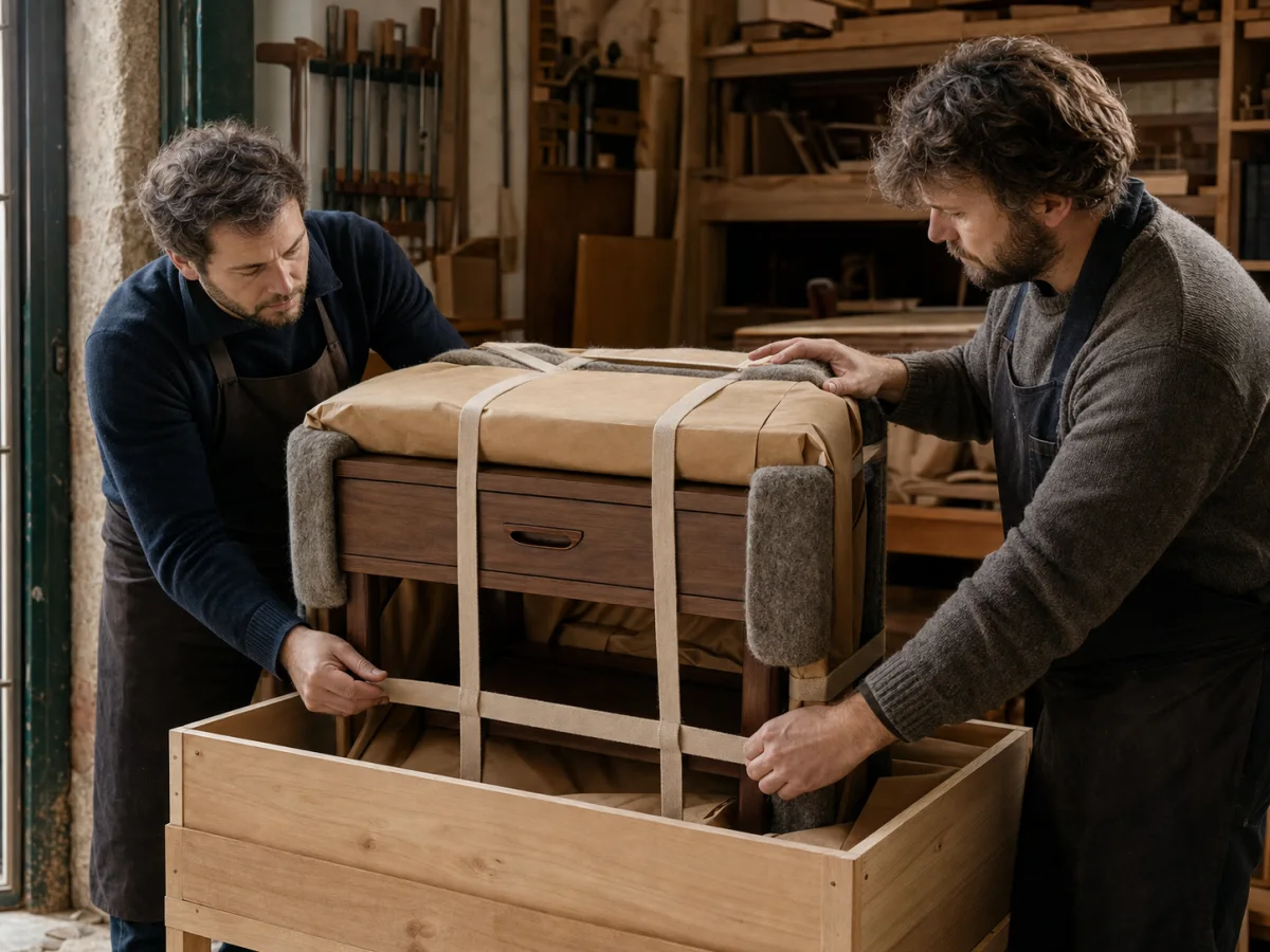 Workshop team securing finished furniture with kraft wrap, felt protection and cotton straps