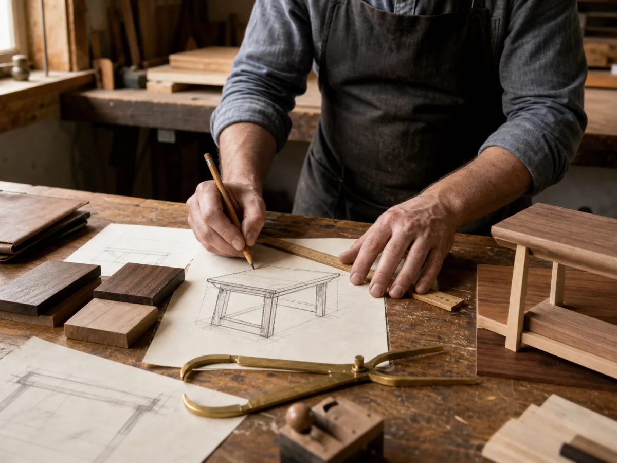 Furniture artisan developing a table concept with sketches, scale ruler and wood samples
