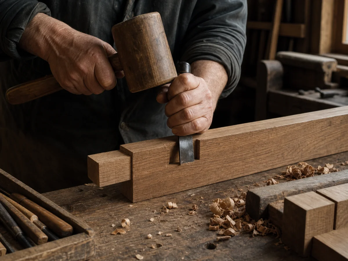Artisan cutting a traditional mortise-and-tenon joint with chisel and wooden mallet