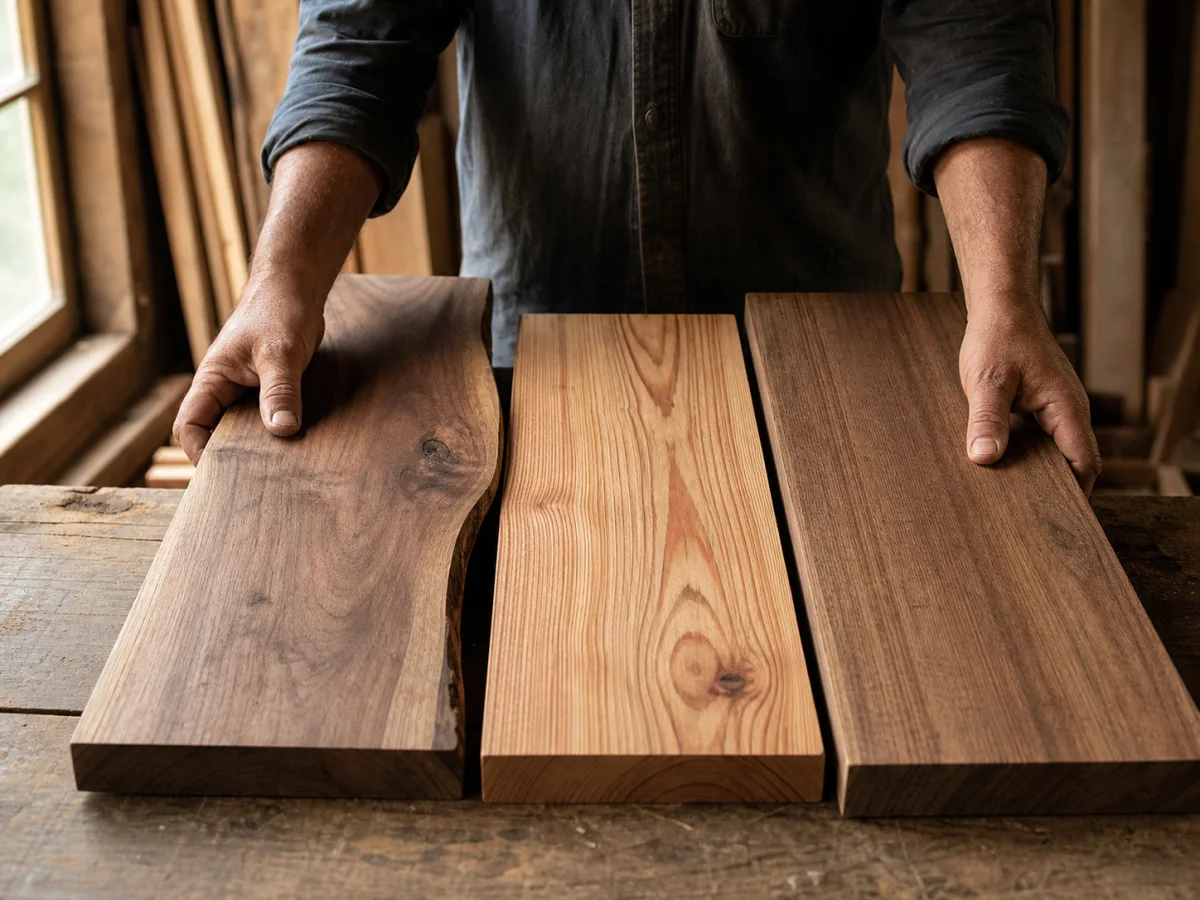 Craftsperson comparing seasoned solid hardwood boards by grain and natural character