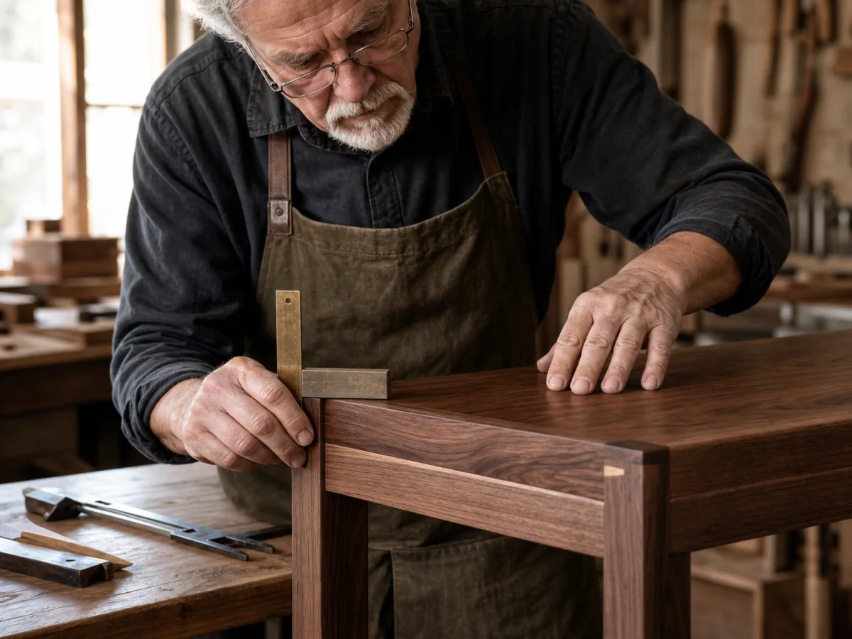 Senior craftsperson inspecting a finished table joint with a brass try square